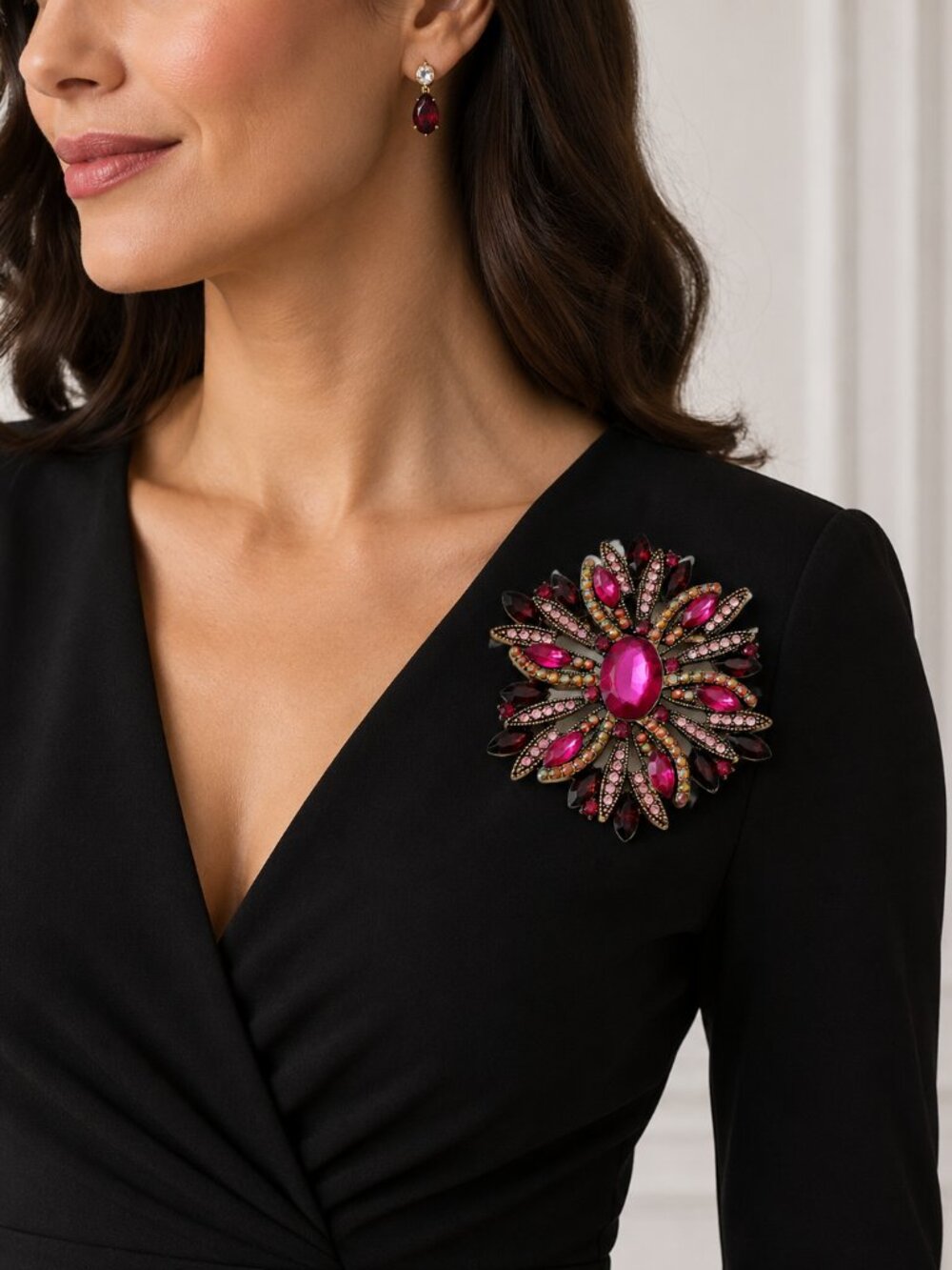 Fuchsia Burgundy Rhinestone Statement Brooch, Gold Tone Floral Starburst Pin